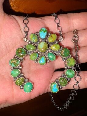 Sterling Silver Green Turquoise Cluster Necklace
